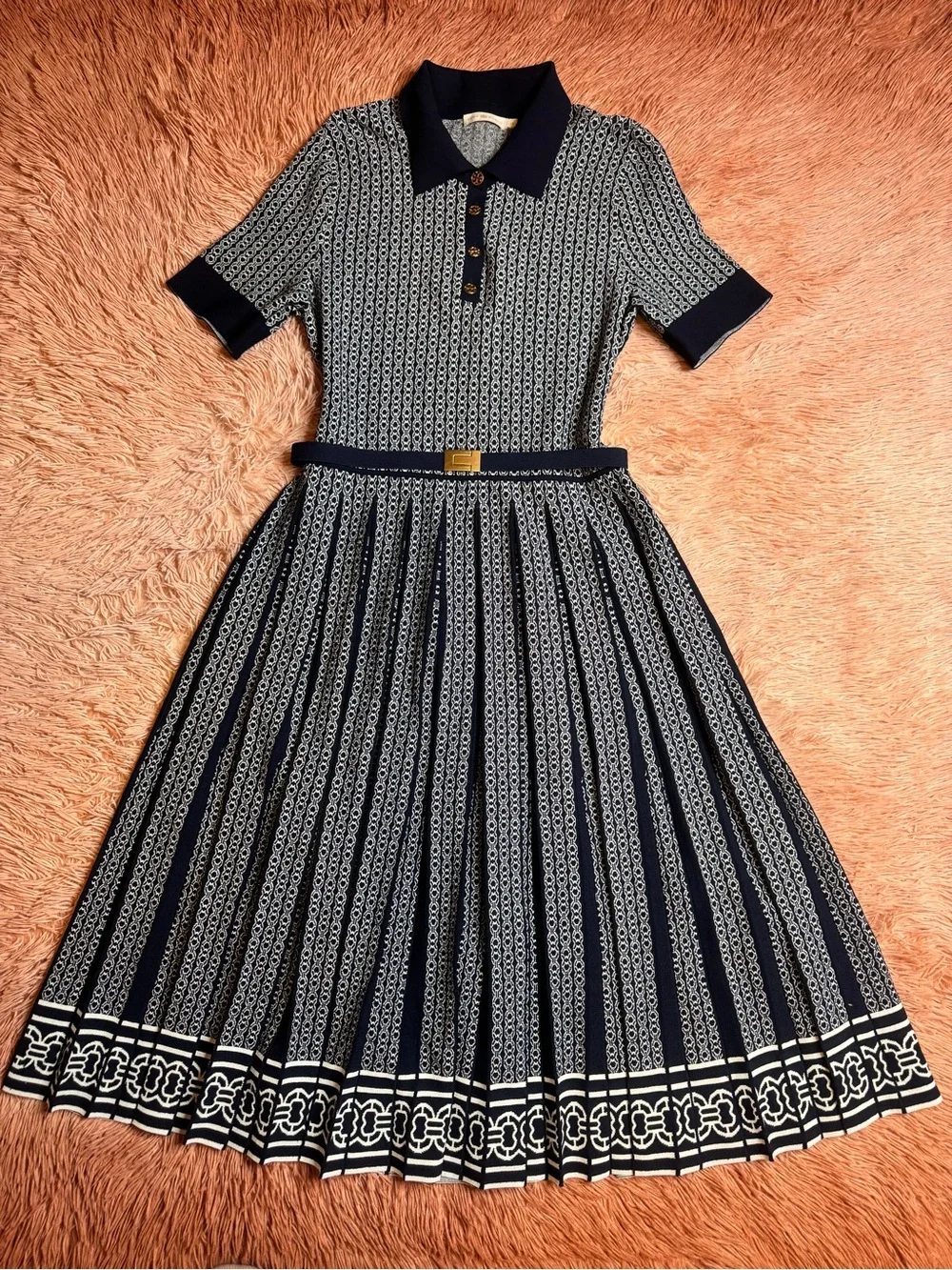 NWOT Tory Burch Gemini Link Jacquard Dress In Classic Ivory Tory Navy. Size L